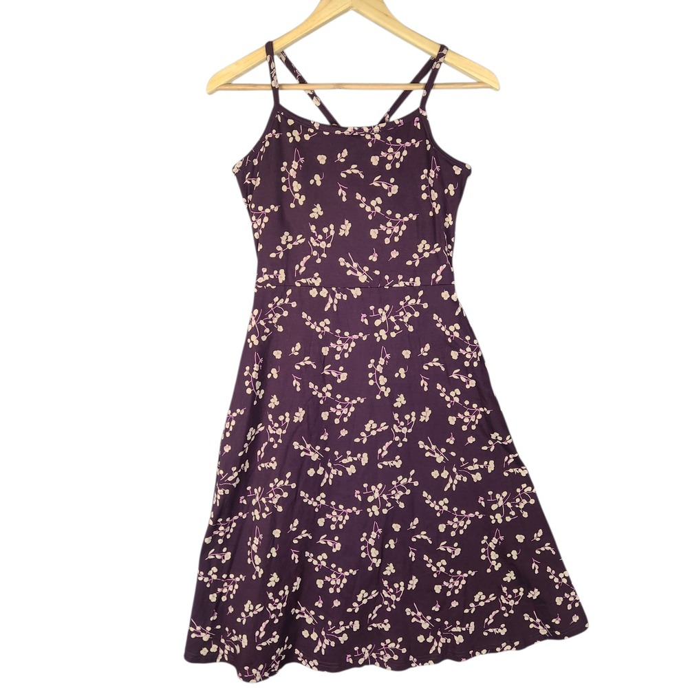 Pact Fit & Flare Midi Dress Medium Purple Floral Organic Cotton Built-in Bra